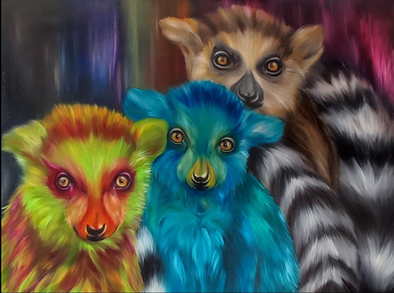 OLIO SU TELA  GIUSI  VELLONI ' LEMURI '   dimensioni L 100 x H 134 cm.