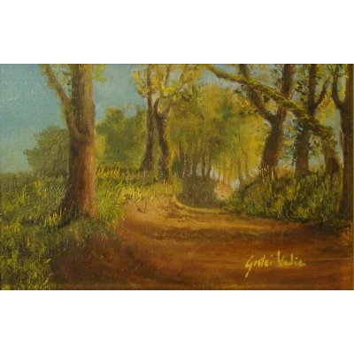 OLIO SU CARTONE TELATO NADIA GISTRI ' LUCI NEL SENTIERO ' dimensioni L 18 x H 12 cm.