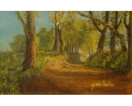 OLIO SU CARTONE TELATO NADIA GISTRI ' LUCI NEL SENTIERO ' dimensioni L 18 x H 12 cm.