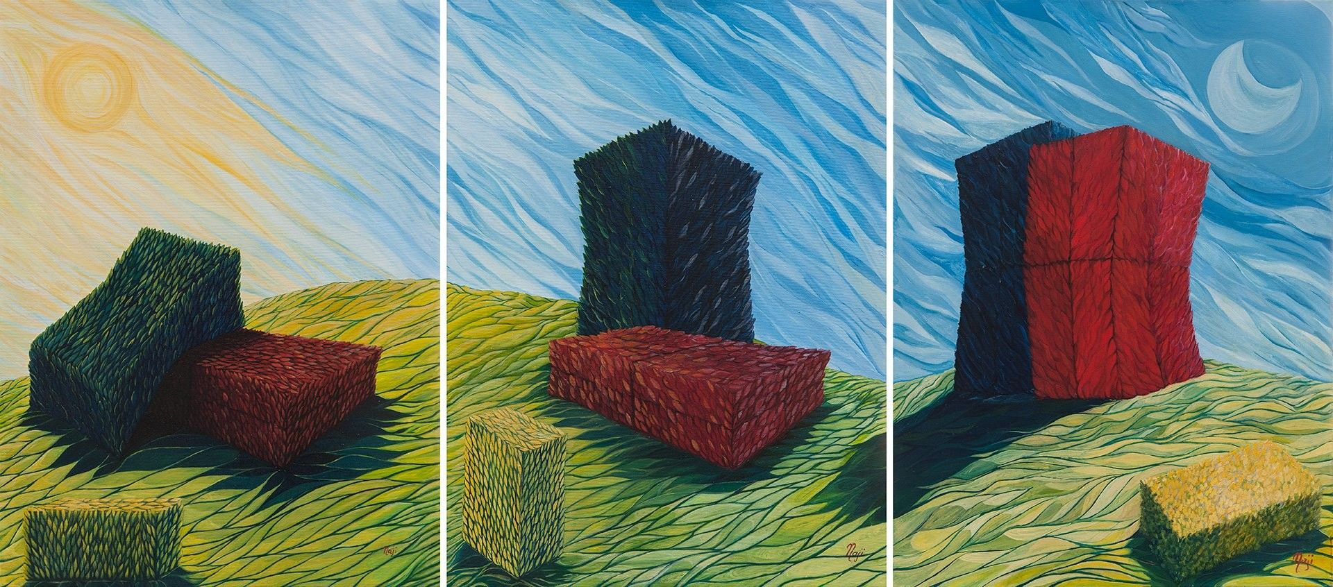 OLIO SU TELA  NADIA  GISTRI ' PAGLIAI  PRIMARI '  dimensioni L 180 x H 80 cm. Trittico