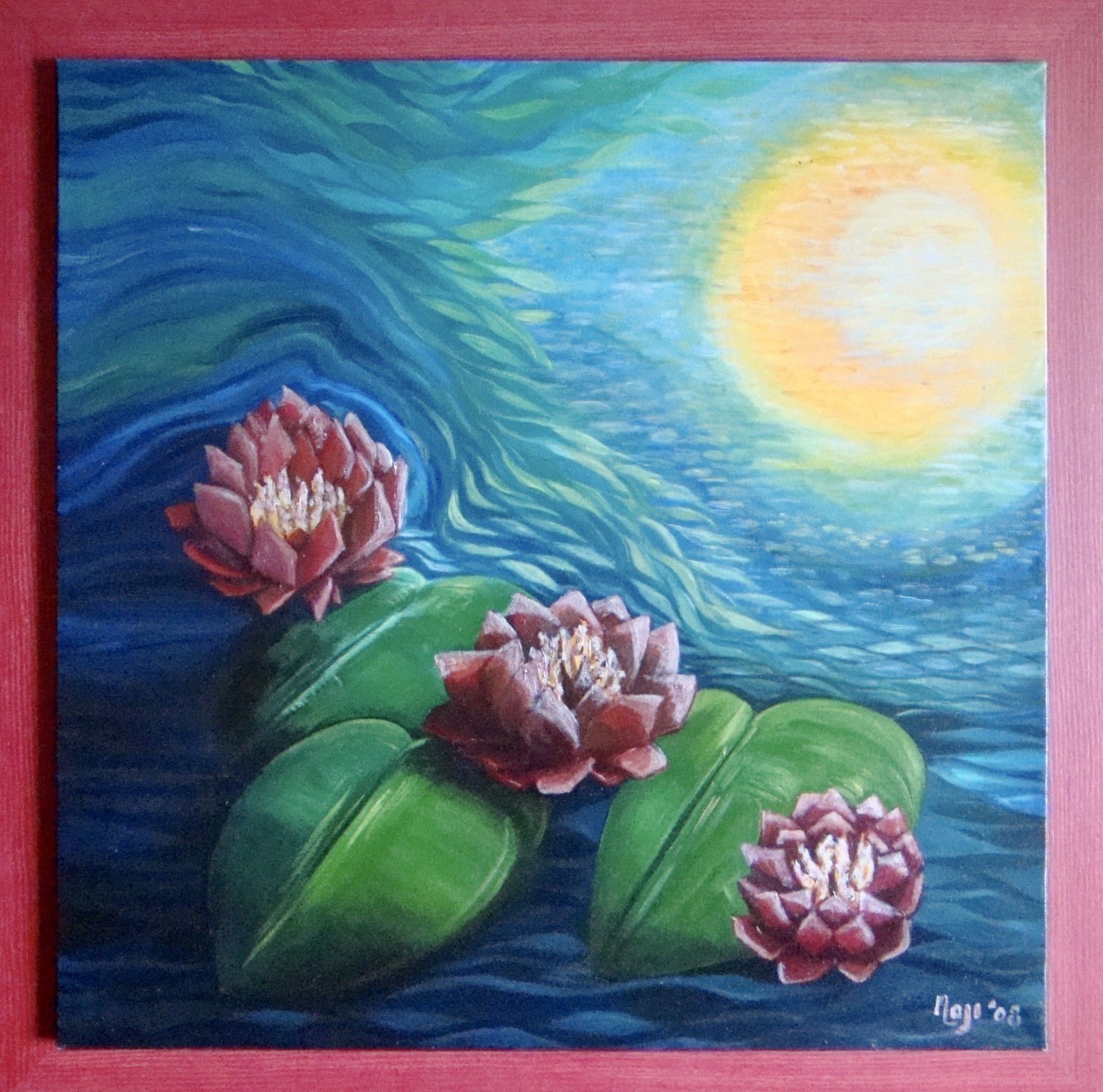 OLIO SU TELA  NADIA  GISTRI ' NINFEE  LUNARI '   dimensioni L 70 x H 70 cm.