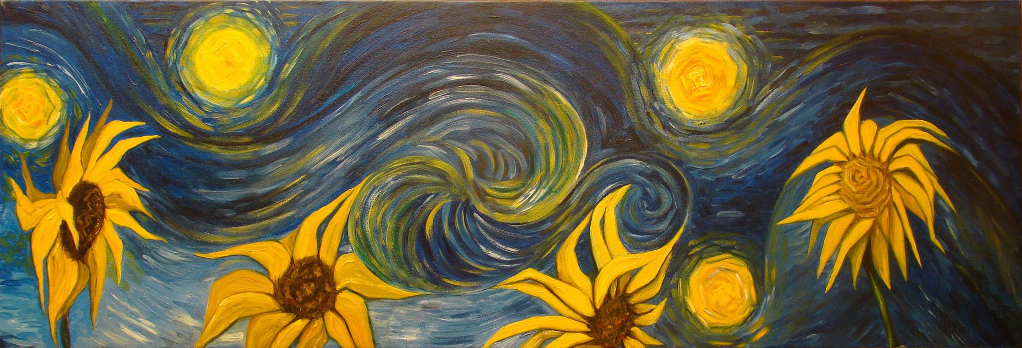 OLIO SU TELA  NADIA  GISTRI ' SOLI E GIRASOLI  omaggio a Van Gogh '   dimensioni L 120 x H 43 cm.