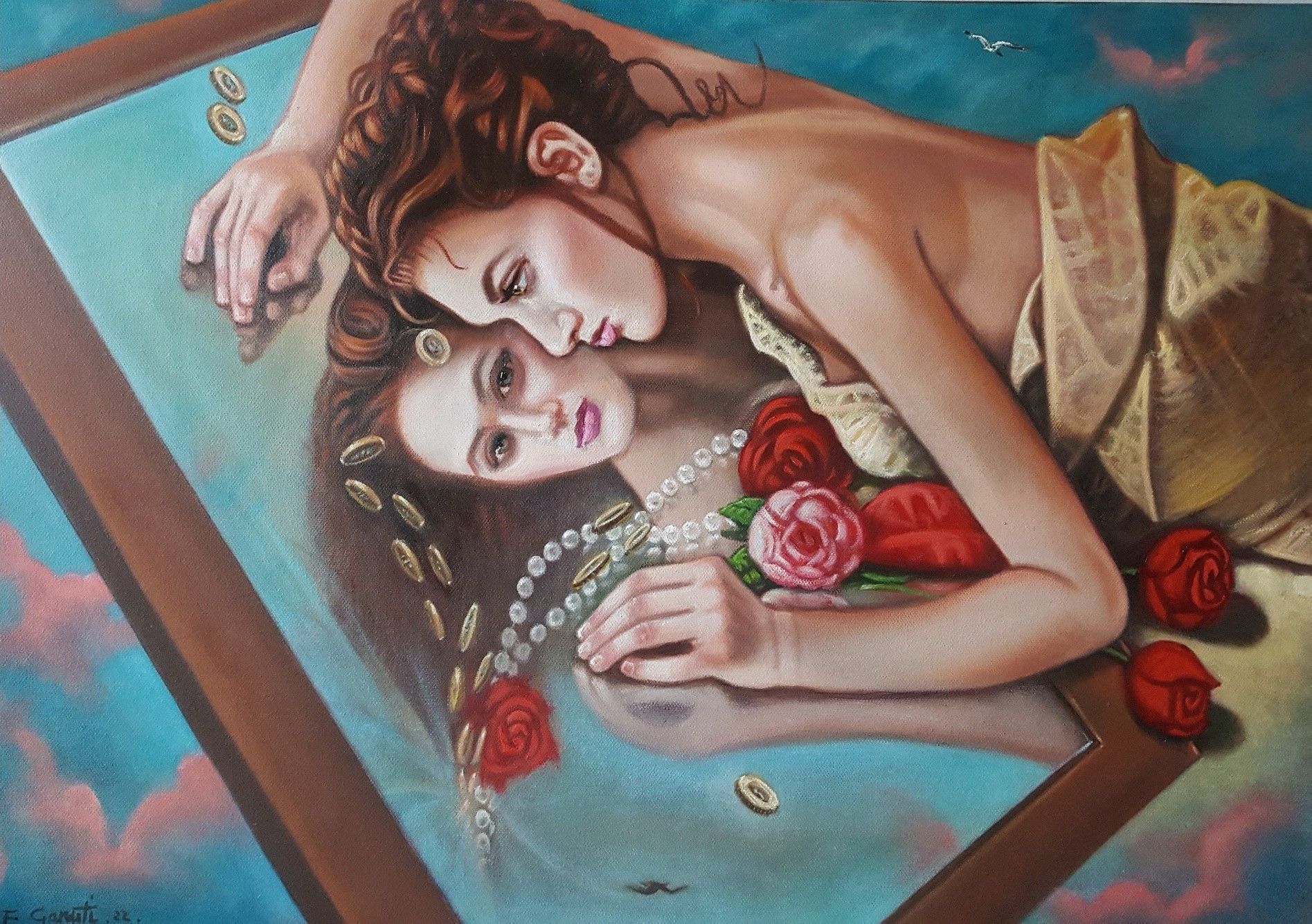 OLIO SU TELA FRANCO GARUTI ' VANITAS '  dimensioni L 70 x H 50 cm.