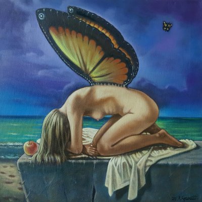 OLIO SU TELA FRANCO GARUTI ' IL RICHIAMO ' dimensioni L 40 x H 40 cm.