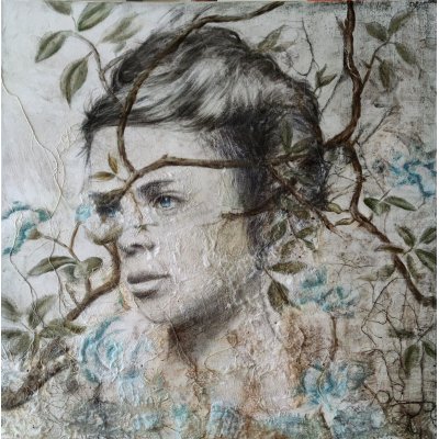 MIXED MEDIA SU TELA ROSY MANTOVANI ' FLORES ANIMAE 3 ' dimensioni L 80 x H 80 cm.