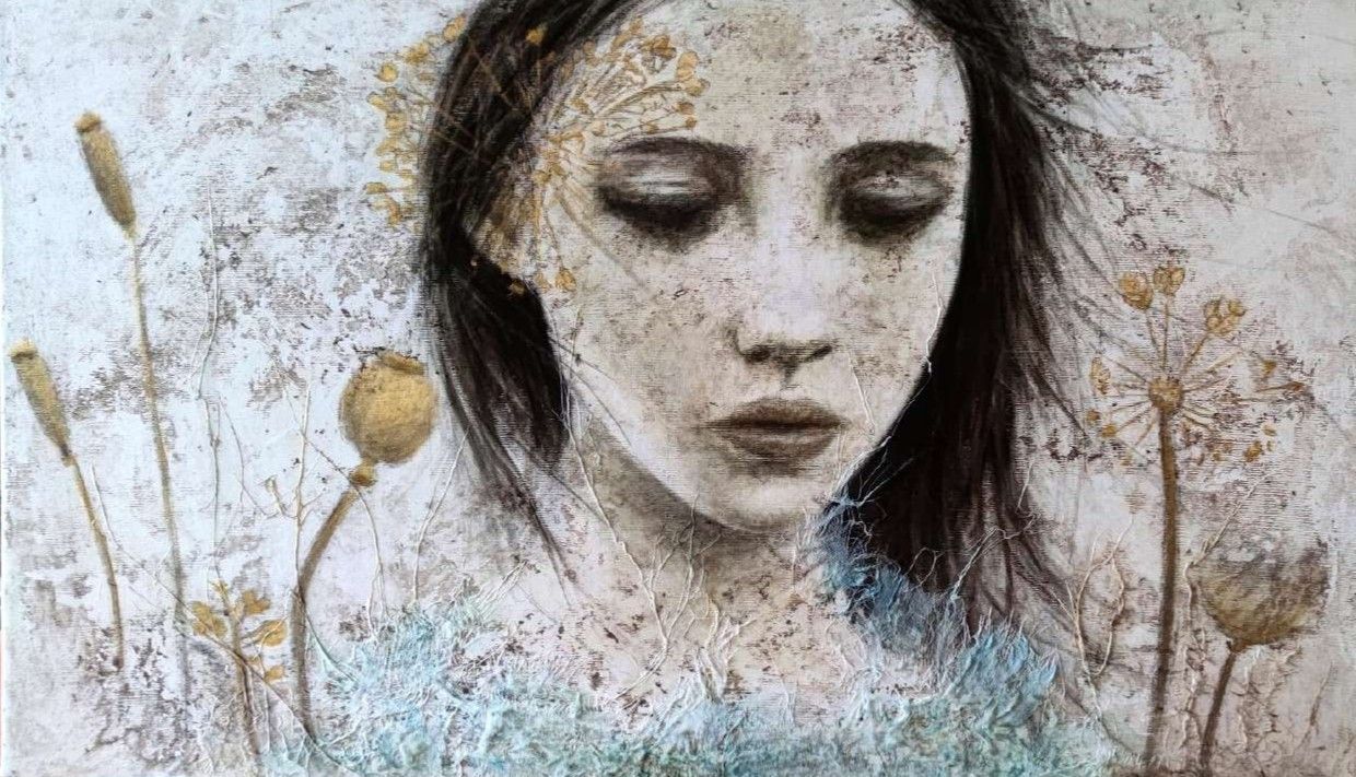 MIXED MEDIA SU TELA  ROSY  MANTOVANI ' FLORES  ANIMAE  1  '  dimensioni L 70 x H 120 cm.
