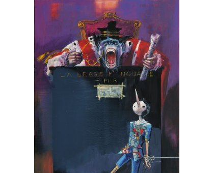 MIXED MEDIA MARIO MADIAI " PINOCCHIO E IL GIUDICE " dimensioni L 100 x H 120 cm.