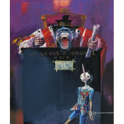 MIXED MEDIA MARIO MADIAI " PINOCCHIO E IL GIUDICE " dimensioni L 100 x H 120 cm.