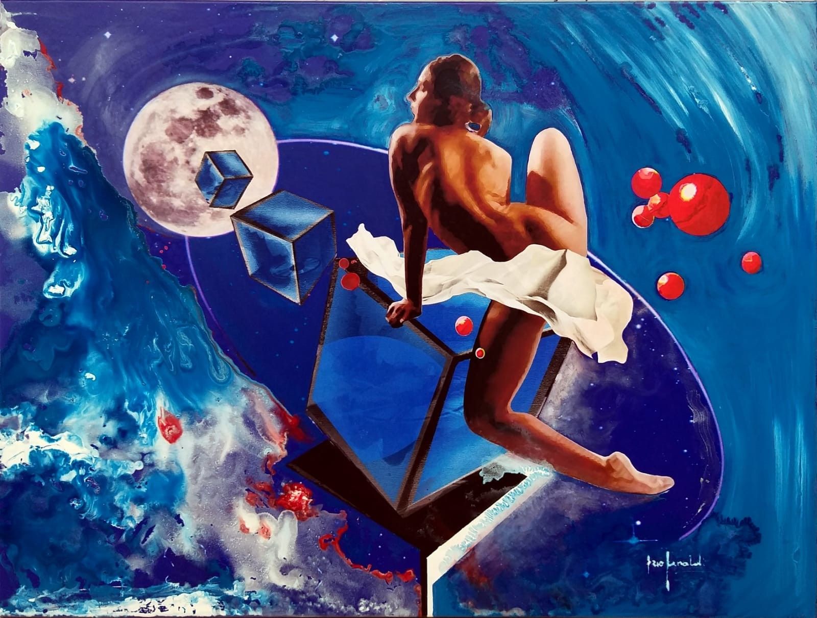 MIXED MEDIA SU TELA  EZIO  RANALDI ' AMOSFERE  LUNARI '  dimensioni L 100 x H 75 cm.