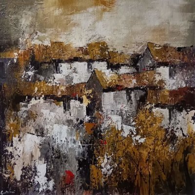 ACRILICO SU TAVOLA ULISSE GUALTIERI ' CASOLARI ' dimensioni L 70 x H 70 cm.