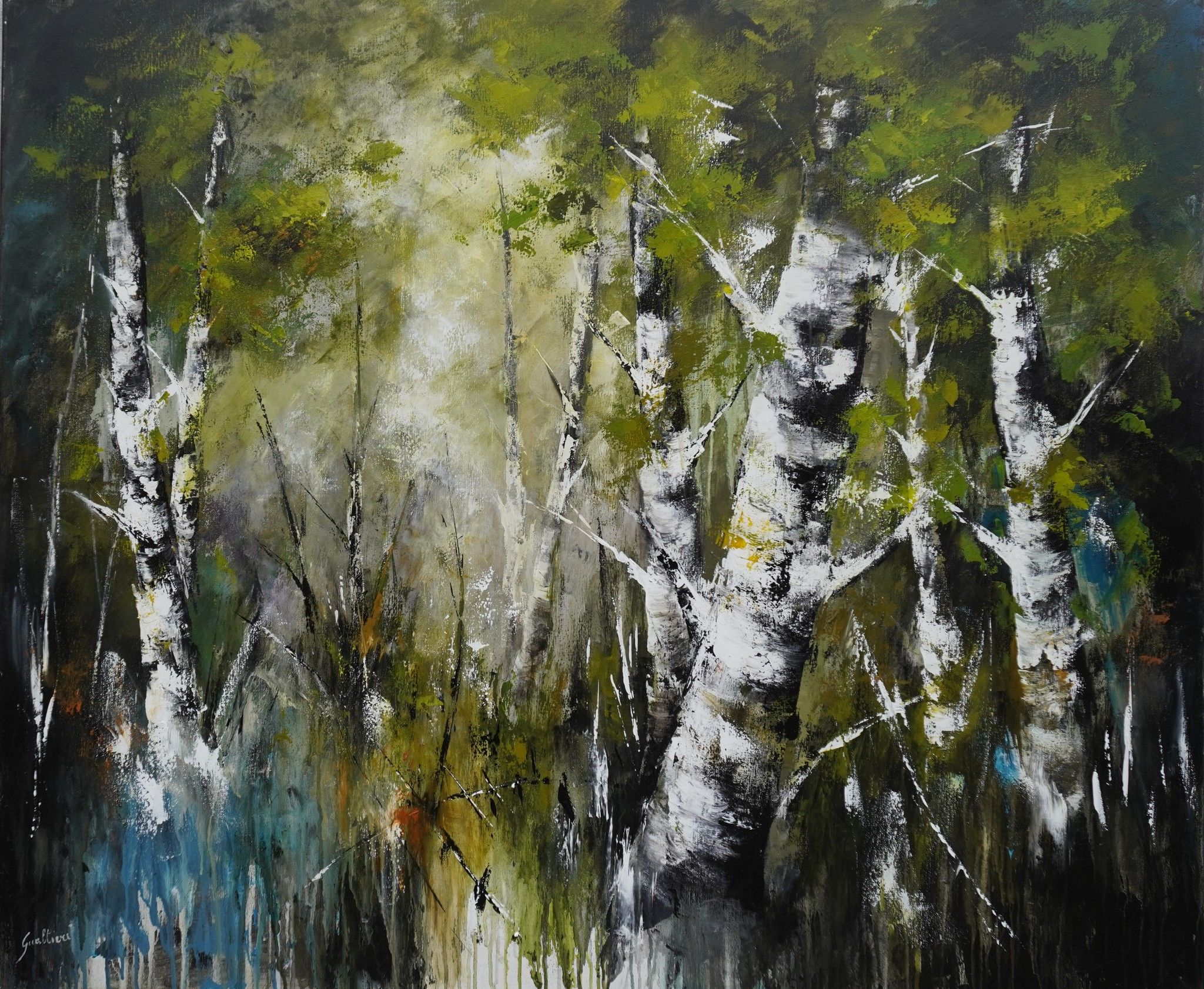 ACRILICO SU TELA  ULISSE GUALTIERI ' BOSCO DI BETULLE  '  dimensioni L 120 x H 100 cm.