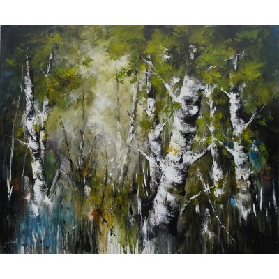 ACRILICO SU TELA ULISSE GUALTIERI ' BOSCO DI BETULLE ' dimensioni L 120 x H 100 cm.