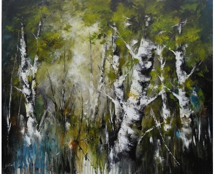 ACRILICO SU TELA ULISSE GUALTIERI ' BOSCO DI BETULLE ' dimensioni L 120 x H 100 cm.