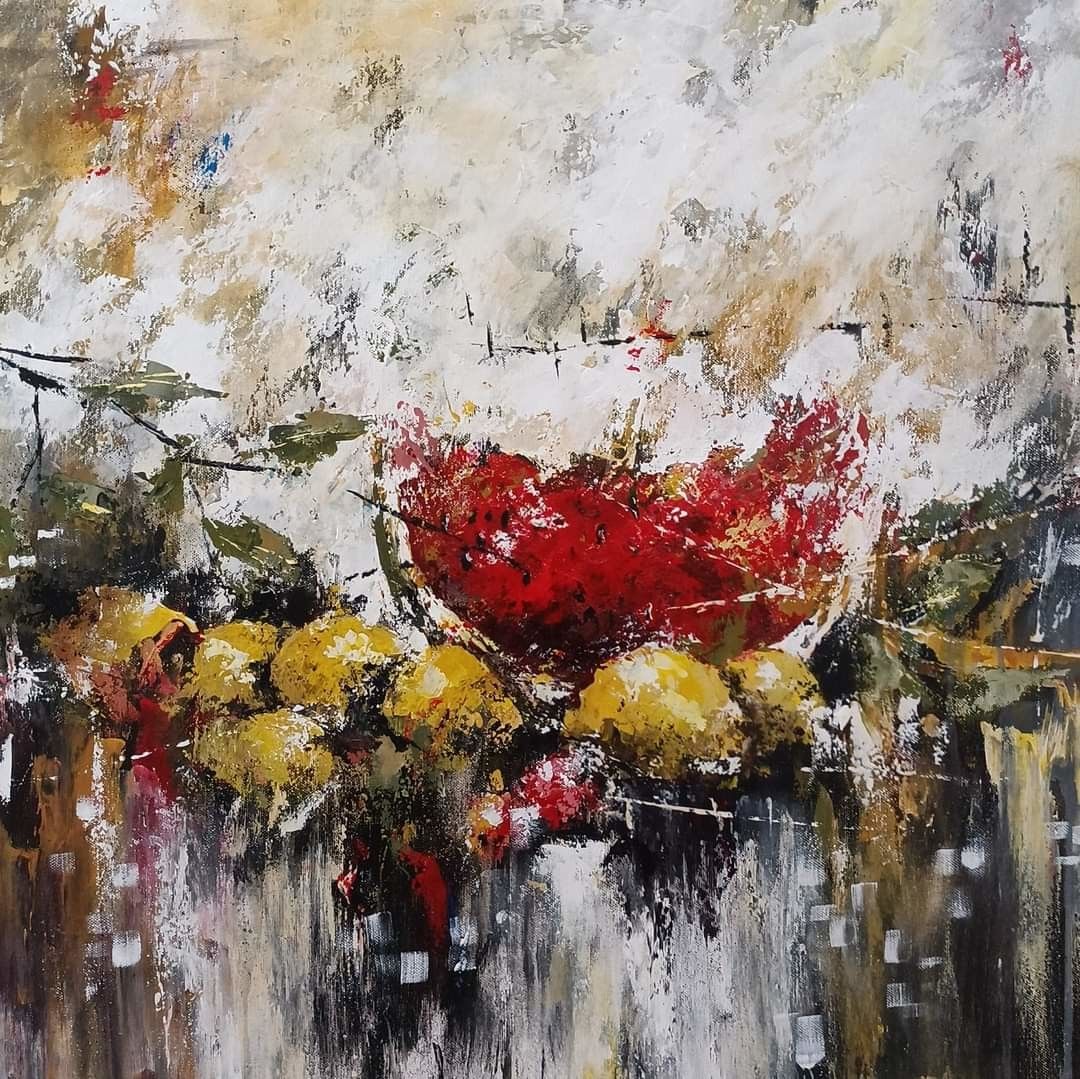 ACRILICO SU TELA  ULISSE  GUALTIERI ' NATURA MORTA CON ANGURIA  '  dimensioni L 80 x H 80 cm.