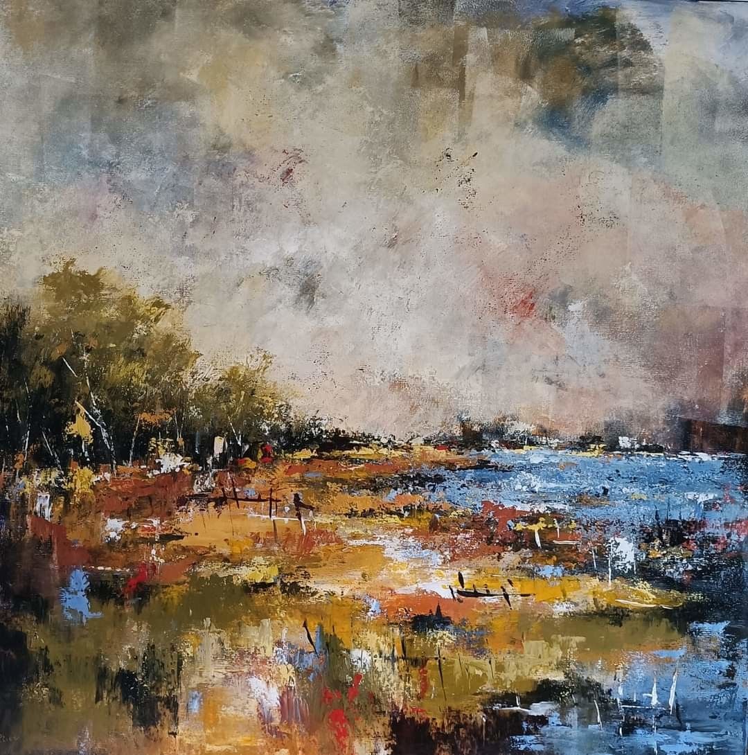 ACRILICO SU TELA  ULISSE  GUALTIERI ' PAESAGGIO 4  '  dimensioni L 80 x H  80 cm.
