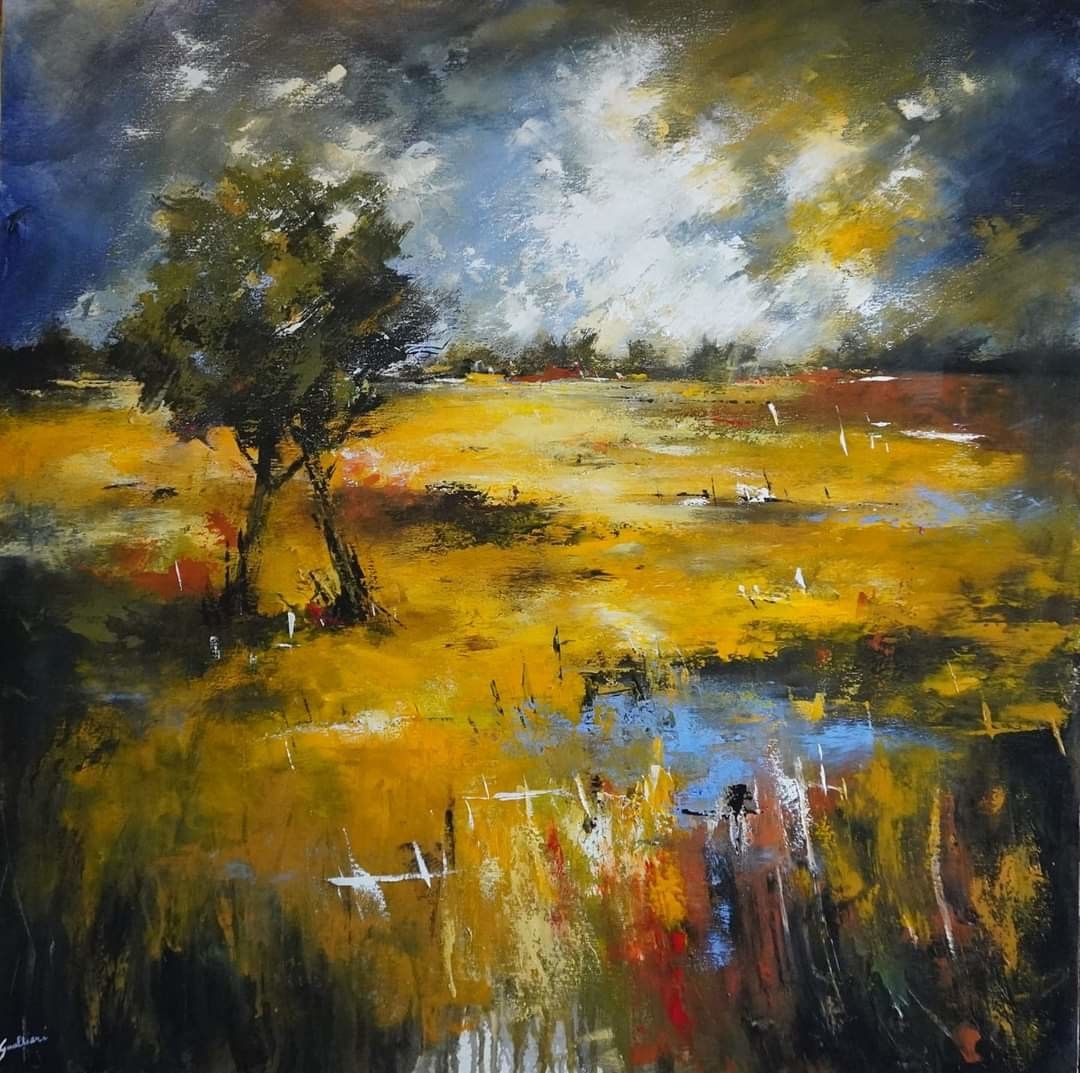 ACRILICO SU TELA  ULISSE  GUALTIERI ' PAESAGGIO 5 '  dimensioni L 100 x H 100 cm.