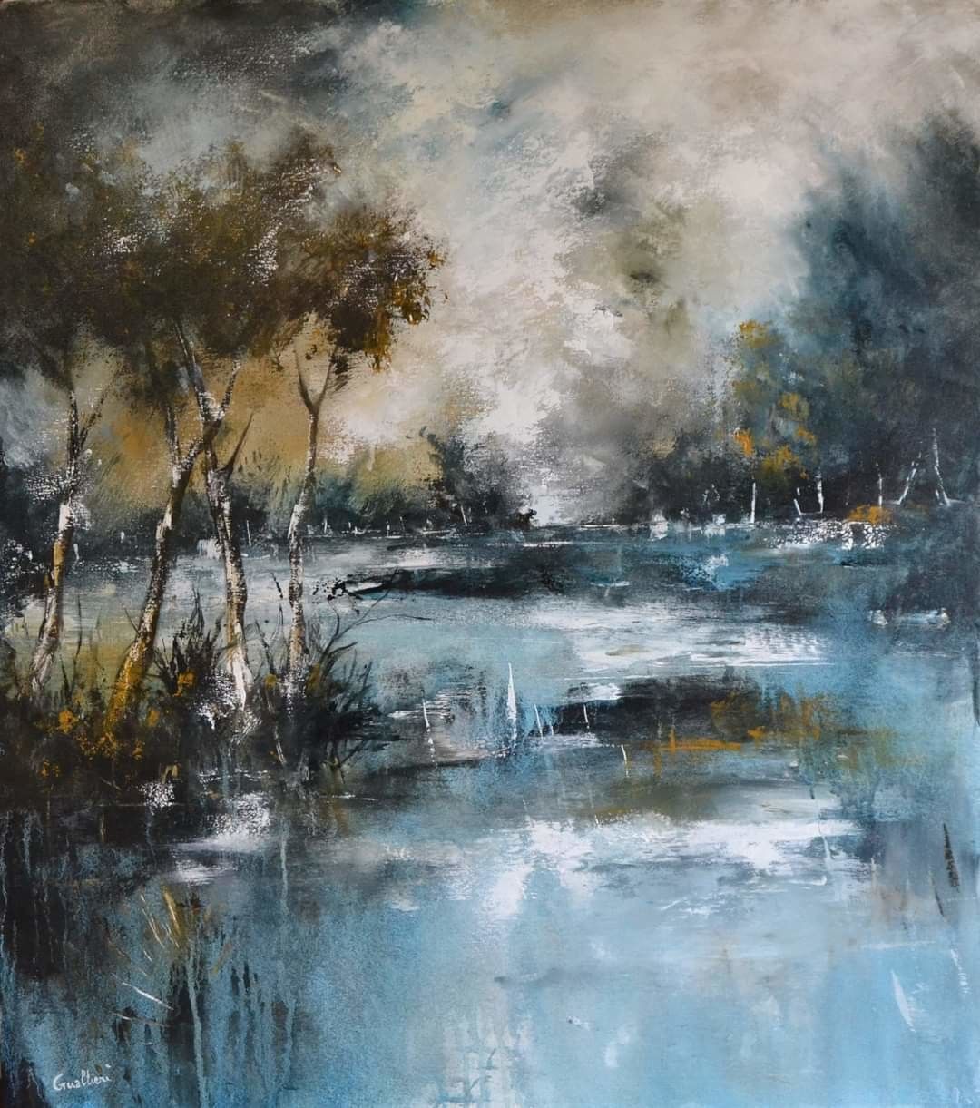 ACRILICO SU TELA  ULISSE  GUALTIERI ' PAESAGGIO 6  '  dimensioni L 80 x H 90 cm.