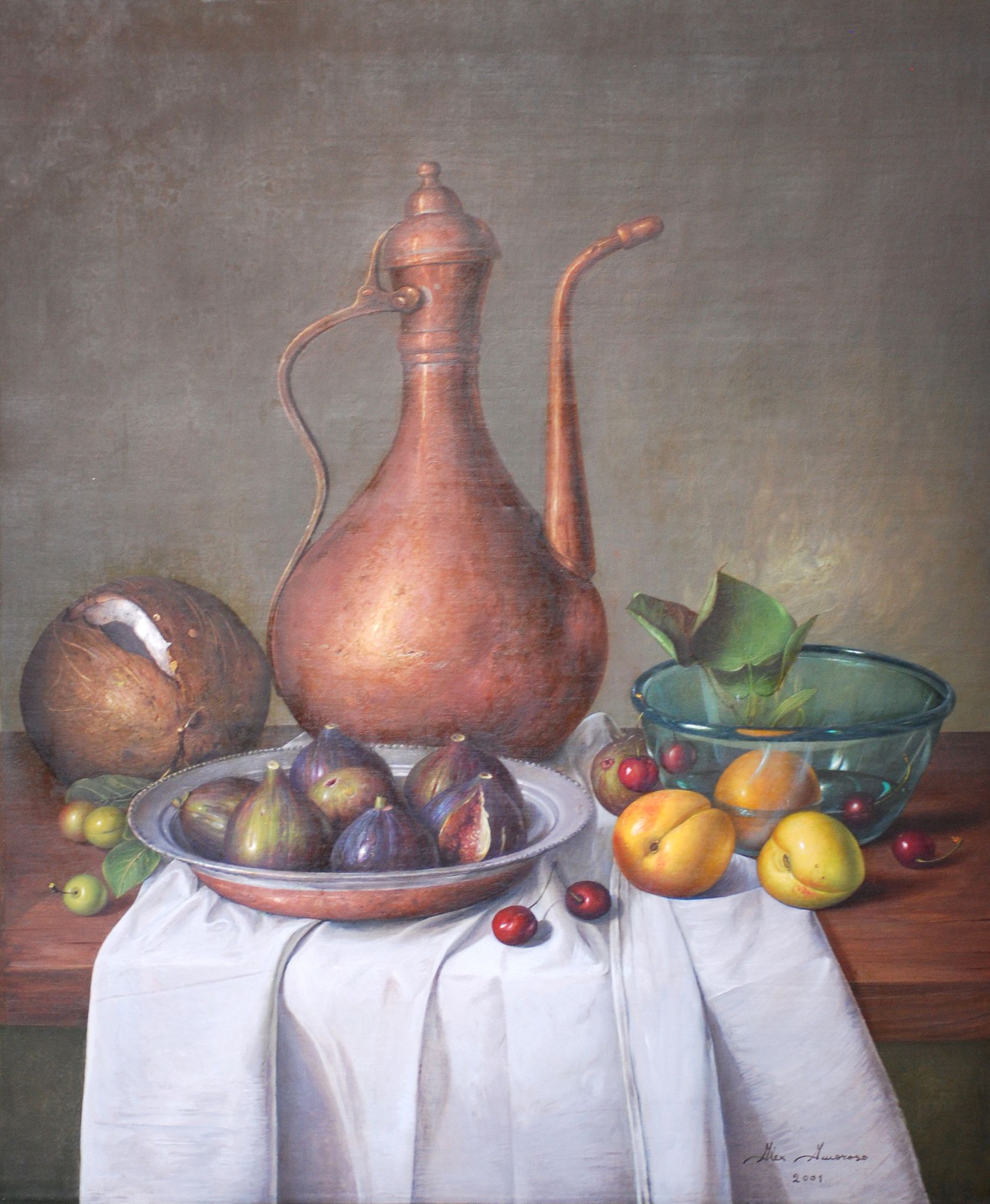 OLIO SU TELA  ALESSANDRO AMOROSO ' FRUTTA DOLCISSIMA  '  dimensioni L 50 x H 65 cm.