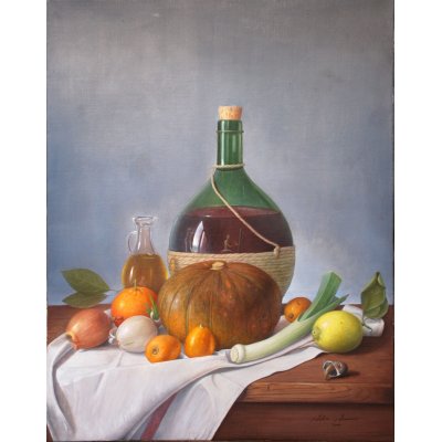 OLIO SU TELA ALESSANDRO AMOROSO ' IL MINESTRONE ' dimensioni L 50 x H 65 cm.