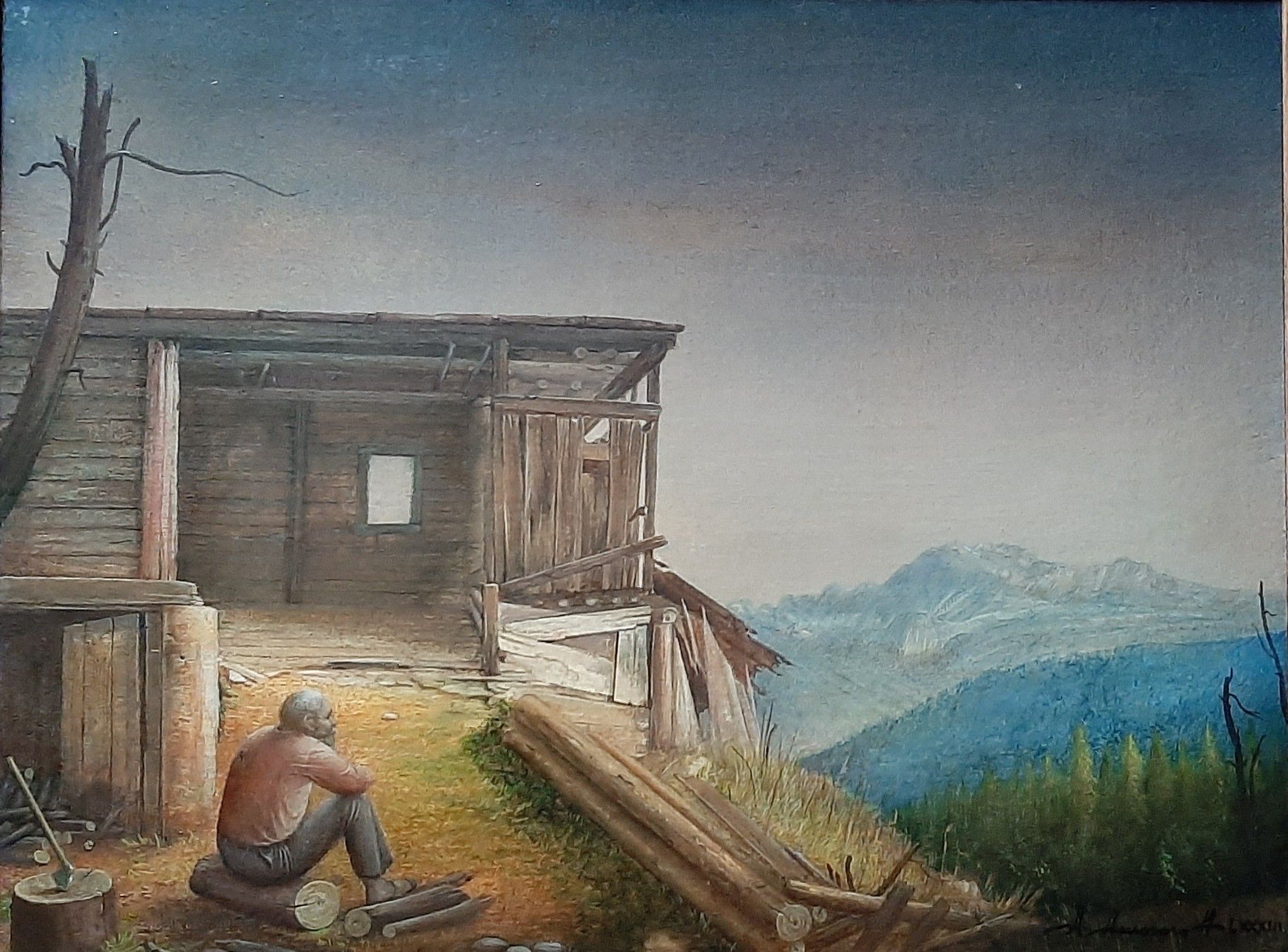 TEMPERA GRASSA SU LEGNO ALESSANDRO  AMOROSO ' IL BOSCAIOLO  '  dimensioni L 41,2 x H 31,2 cm.