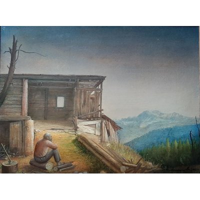 TEMPERA GRASSA SU LEGNO ALESSANDRO AMOROSO ' IL BOSCAIOLO ' dimensioni L 41,2 x H 31,2 cm.