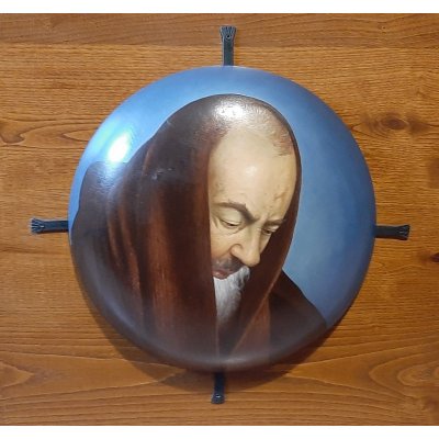 TEMPERA GRASSA SU LEGNO ALESSANDRO AMOROSO ' IL MONDO DI PADRE PIO ' dimensioni L 61 x H 61 cm.