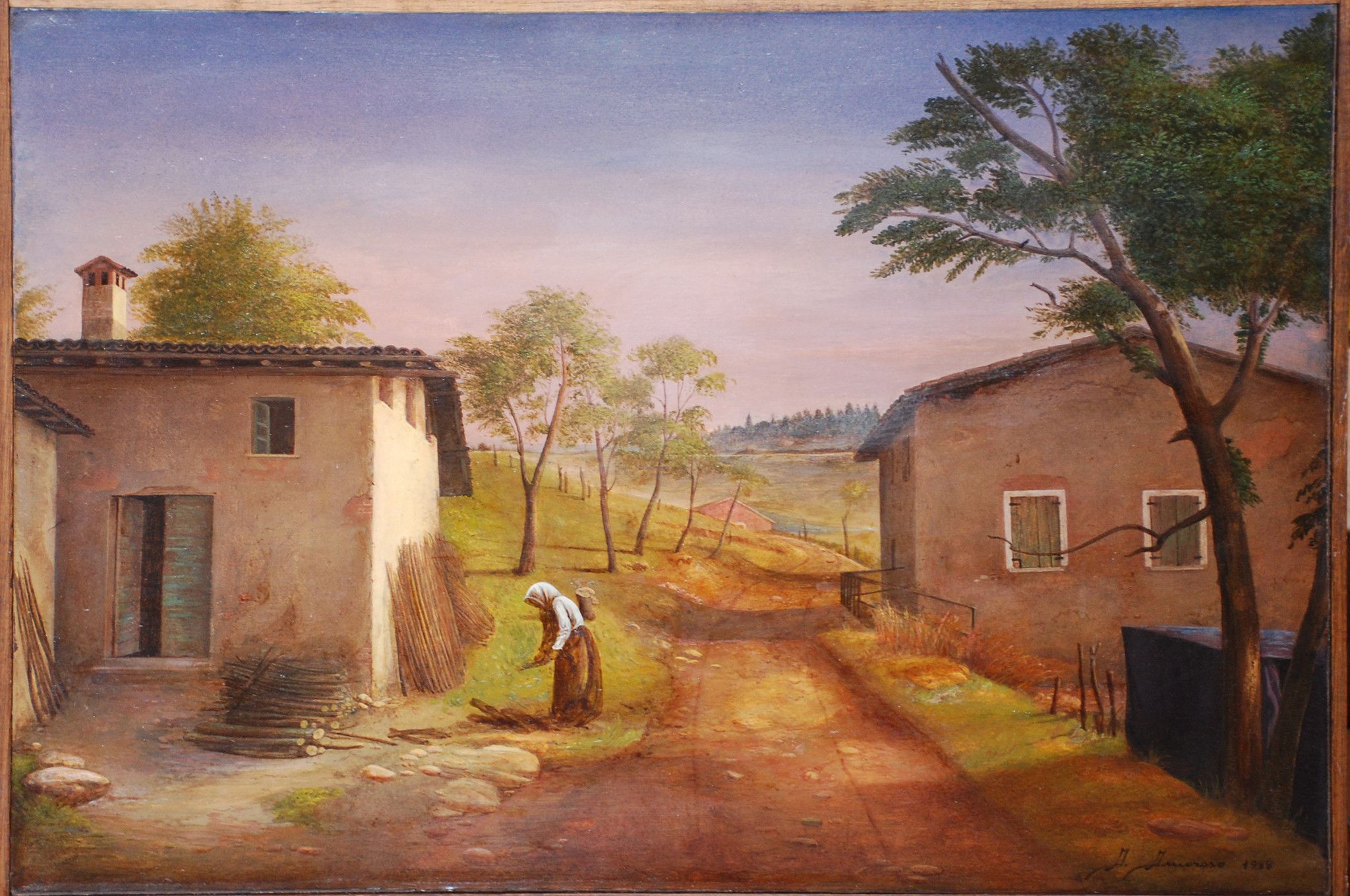 TEMPERA GRASSA SU LEGNO ALESSANDRO  AMOROSO ' LA VIA DEL PELLEGRINAGGIO  '  dimensioni L 52 x H 38 cm.