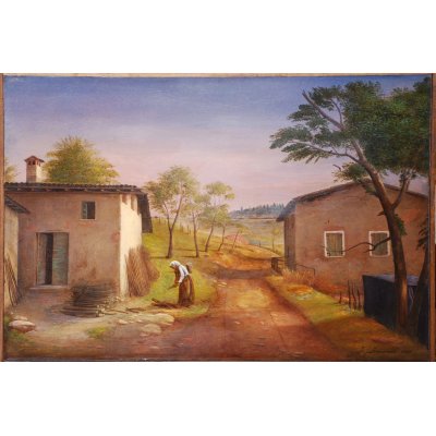 TEMPERA GRASSA SU LEGNO ALESSANDRO AMOROSO ' LA VIA DEL PELLEGRINAGGIO ' dimensioni L 52 x H 38 cm.