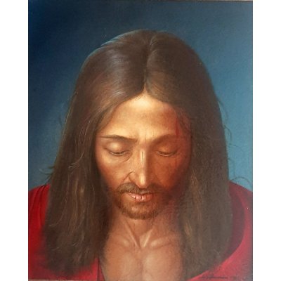 TEMPERA GRASSA SU LEGNO ALESSANDRO AMOROSO ' CRISTO ' dimensioni L 32,8 x H 39,7 cm.