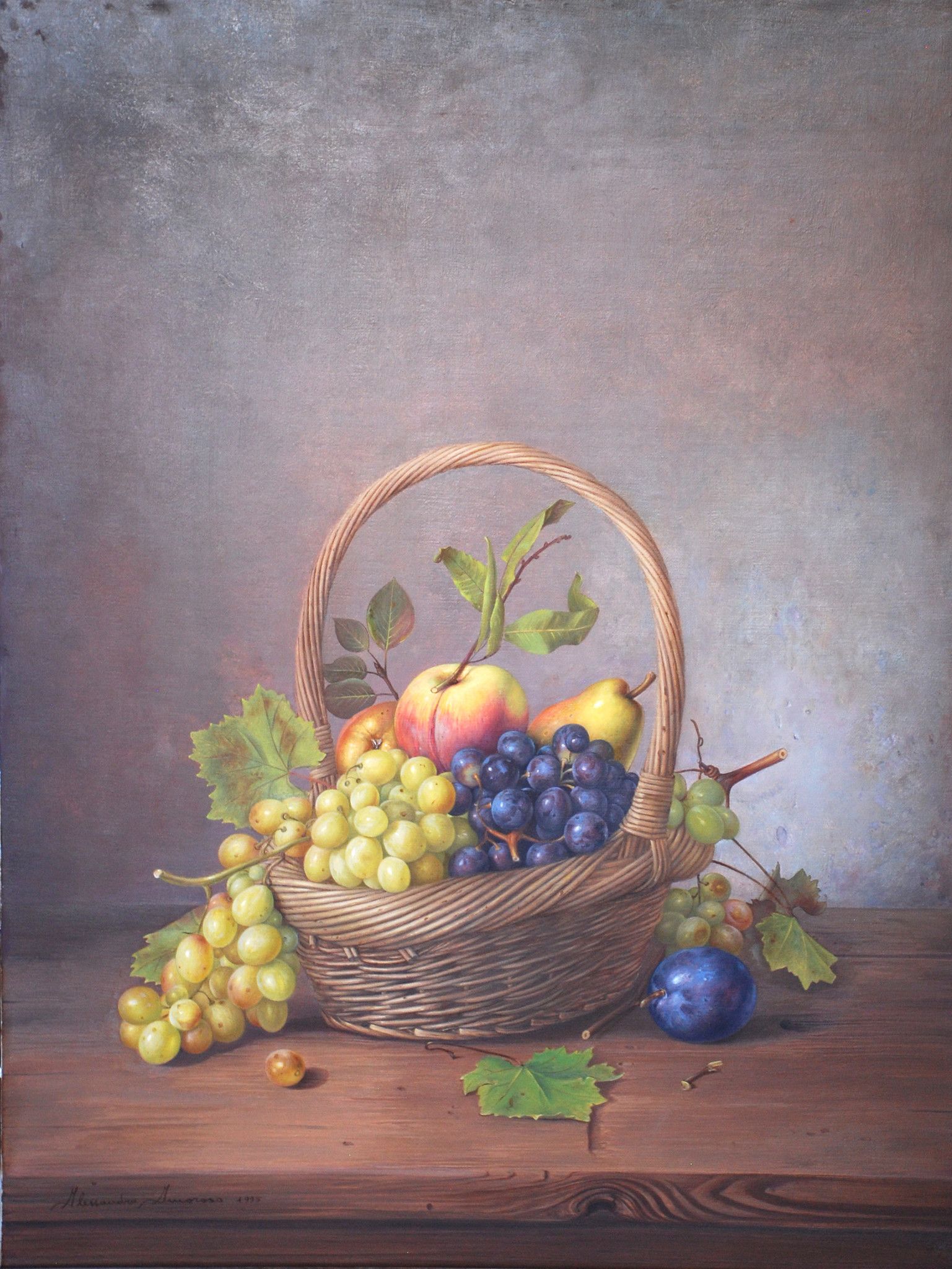 OLIO SU TELA  ALESSANDRO  AMOROSO ' GRANDE  CESTO  '  dimensioni L 50 x H 65 cm.
