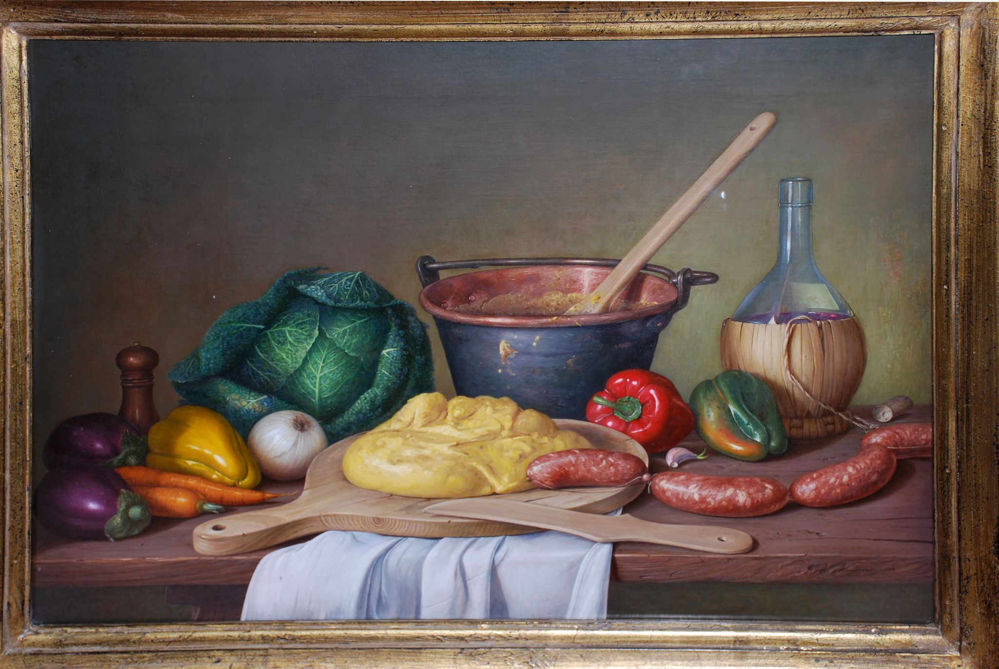 OLIO SU TELA  ALESSANDRO  AMOROSO ' LA POLENTA E'  SERVITA  '  dimensioni L 65 x H 50 cm.