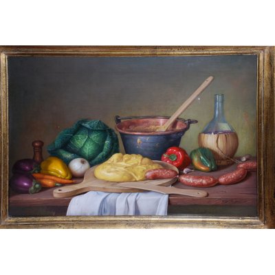 OLIO SU TELA ALESSANDRO AMOROSO ' LA POLENTA E' SERVITA ' dimensioni L 65 x H 50 cm.