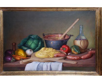 OLIO SU TELA ALESSANDRO AMOROSO ' LA POLENTA E' SERVITA ' dimensioni L 65 x H 50 cm.
