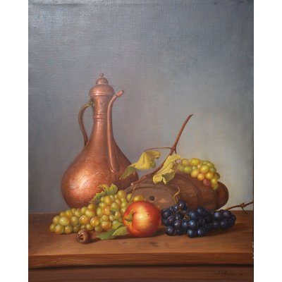 OLIO SU TELA ALESSANDRO AMOROSO ' LA BOTTE DI VINO ' dimensioni L 50 x H 65 cm.