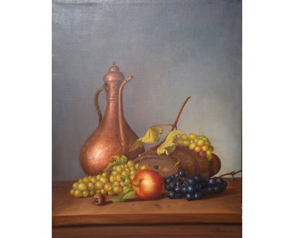 OLIO SU TELA ALESSANDRO AMOROSO ' LA BOTTE DI VINO ' dimensioni L 50 x H 65 cm.