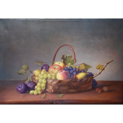 OLIO SU TELA ALESSANDRO AMOROSO ' IL CESTO ABBONDANTE ' dimensioni L 65 x H 50 cm.