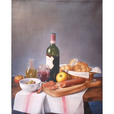 OLIO SU TELA ALESSANDRO AMOROSO ' IL TAGLIERE ' dimensioni L 50,5 x H 65,5 cm.