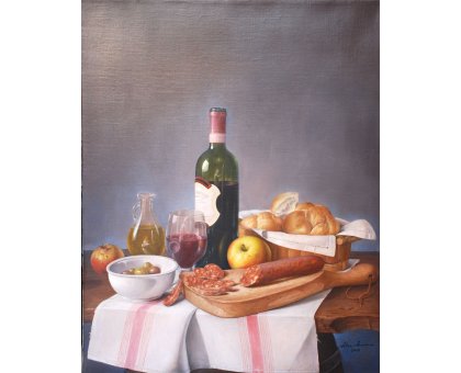 OLIO SU TELA ALESSANDRO AMOROSO ' IL TAGLIERE ' dimensioni L 50,5 x H 65,5 cm.