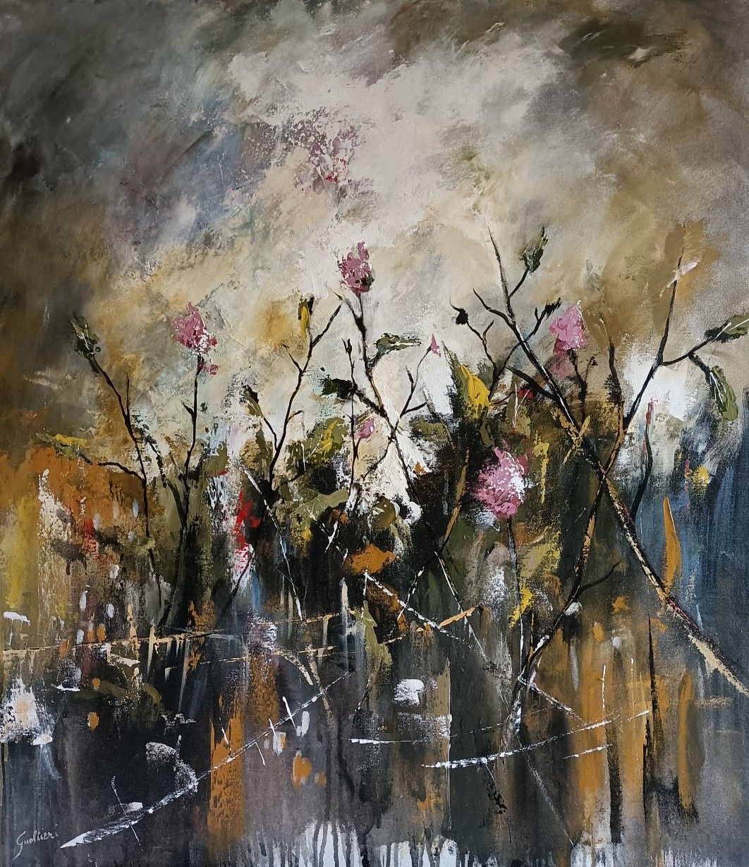 ACRILICO SU TELA  ULISSE  GUALTIERI ' FIORI DI CAMPO  '  dimensioni L 80 x H 90 cm.