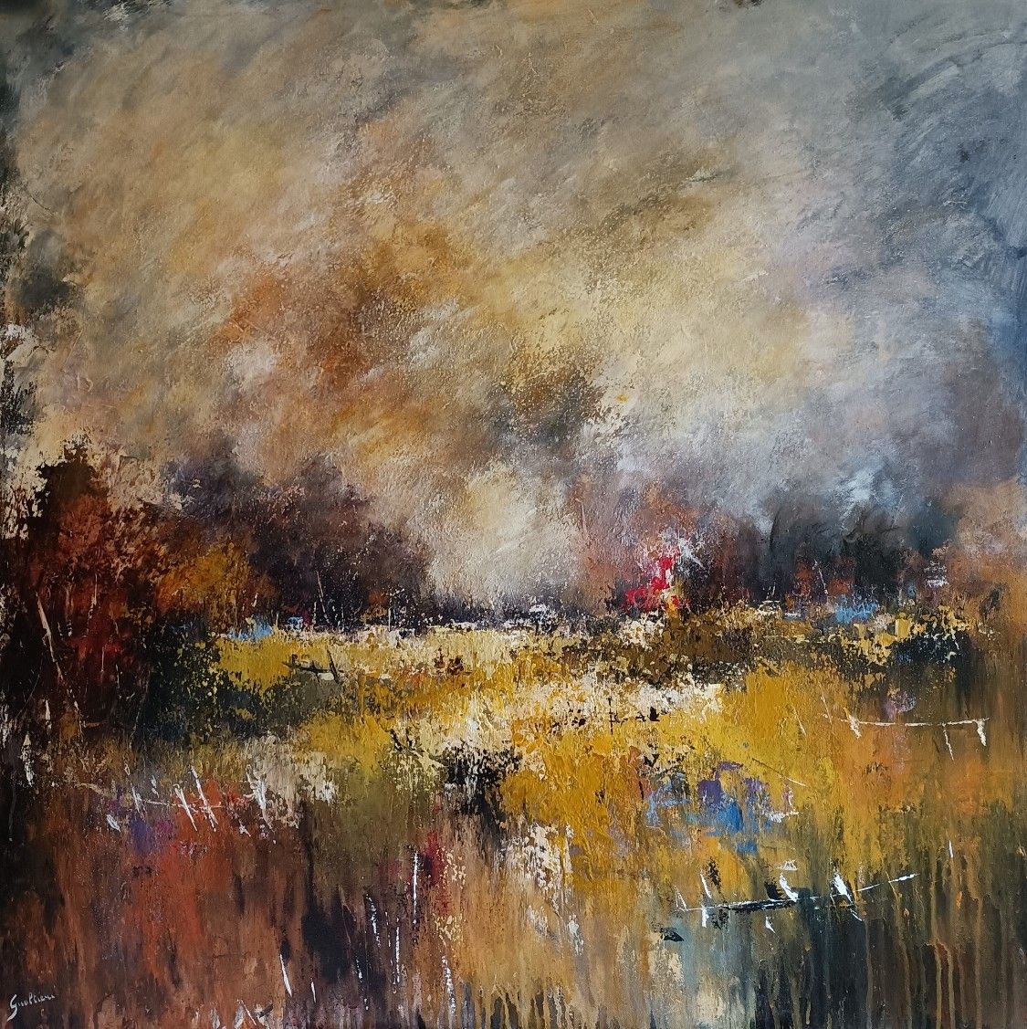 ACRILICO SU TELA  ULISSE GUALTIERI ' PAESAGGIO 7 '  dimensioni L 100 x H 100 cm.