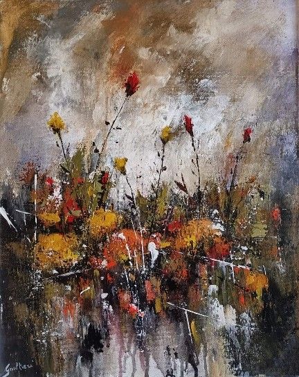 ACRILICO SU TELA  ULISSE  GUALTIERI ' COMPOSIZIONE CON FIORI '  dimensioni L 40 x H 50 cm.