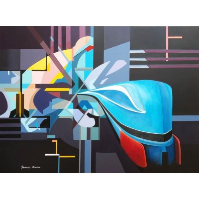 ACRILICO SU TELA PIERNICOLA MUSOLINO ' TRENO DELLE 7 E 40 CON 15 MINUTI DI RITARDO ' dimensioni L 100 x H 70 cm.