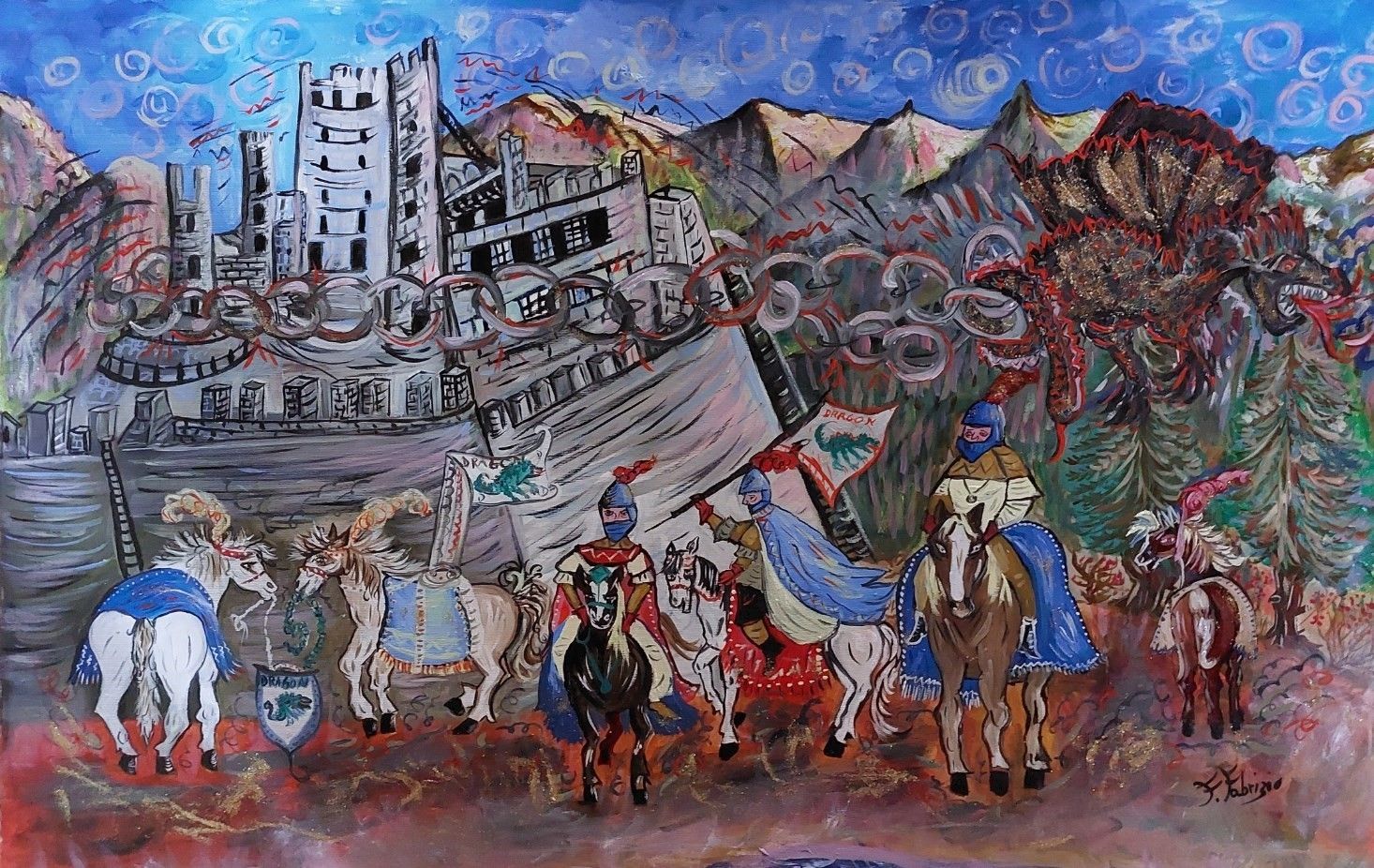 OLIO SU TELA FRANCA FABRIZIO '  LA FORZA DEL DRAGO  '  dimensioni L 105 x  H 70 cm.