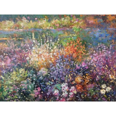 OLIO SU CARTONE BRUNA BONELLI ' FIORI D'ARTIFICIO ' dimensioni L 50 x H 40 cm.