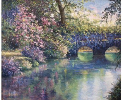 OIL ON CARDBOARD BRUNA BONELLI " IL GIARDINO DI NINFA " size L 60 x H 50 cm.