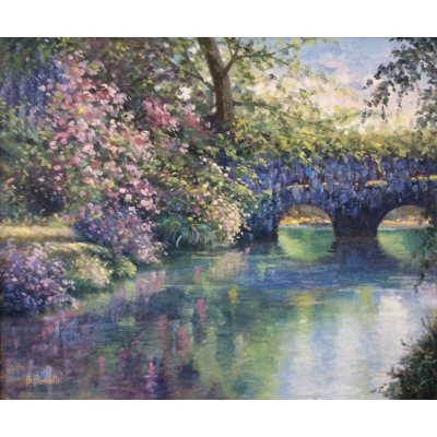 OLIO SU CARTONE BRUNA BONELLI ' IL GIARDINO DI NINFA ' dimensioni L 60 x H 50 cm.