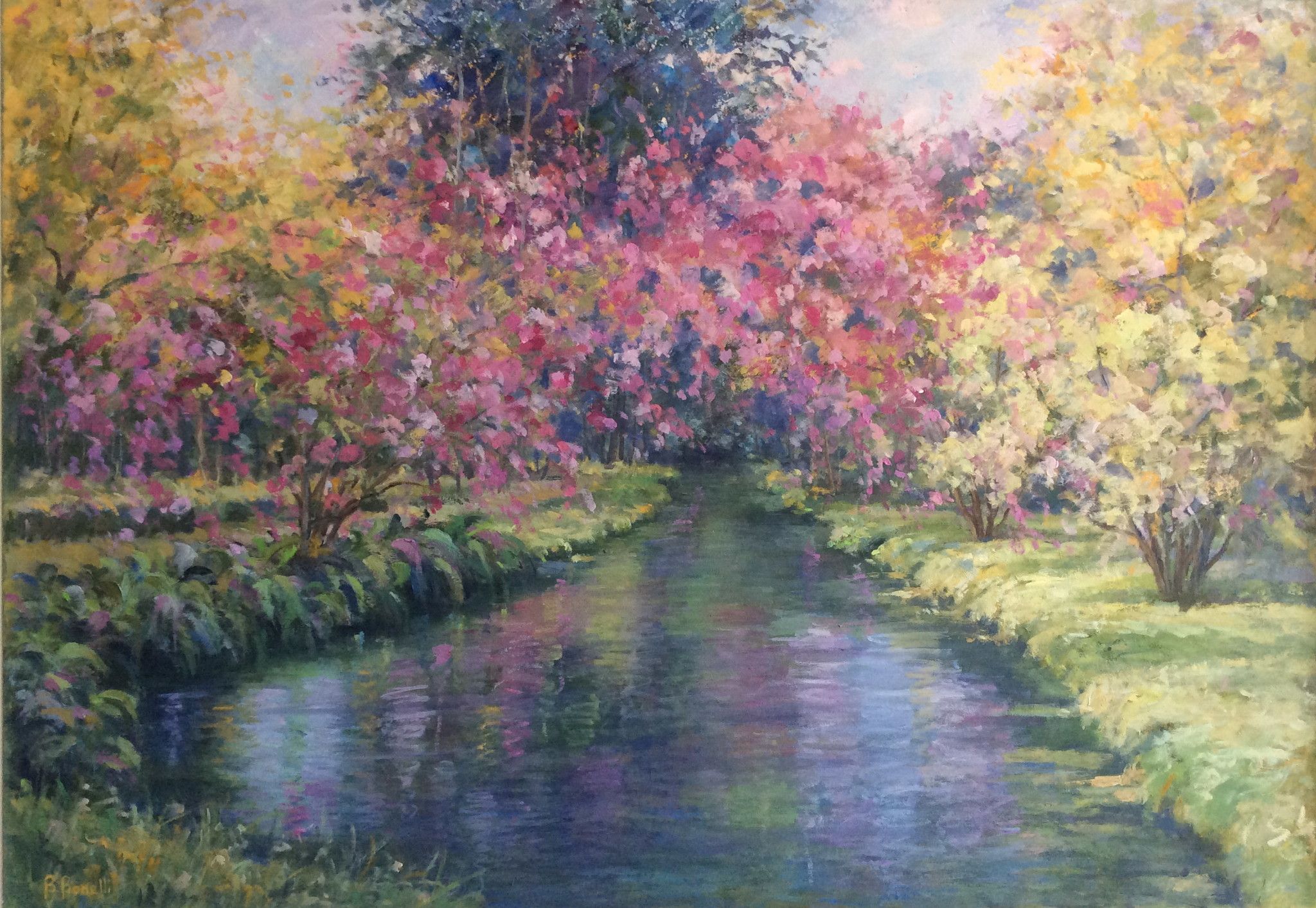 OIL ON CARDBOARD  BRUNA BONELLI " RIFLESSI ROSA "  size  L 103 x H 72 cm.