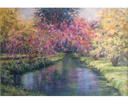 OIL ON CARDBOARD BRUNA BONELLI " RIFLESSI ROSA " size L 103 x H 72 cm.