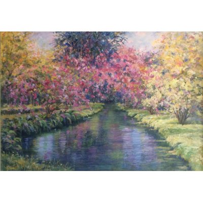 OLIO SU CARTONE BRUNA BONELLI ' RIFLESSI ROSA ' dimensioni L 103 x H 72 cm.