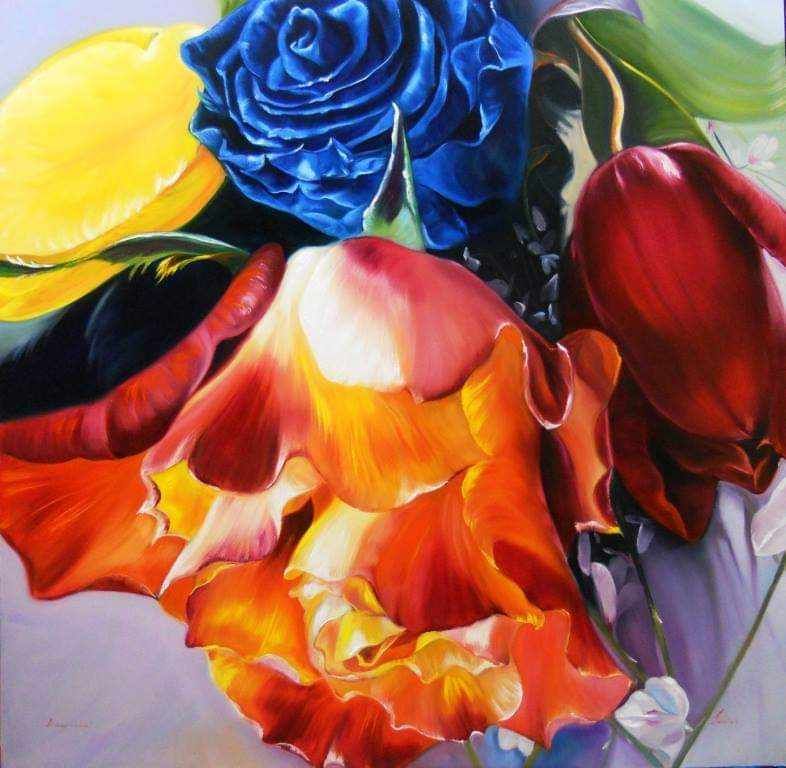 OLIO SU TELA IRMA SERVODIO 'IL MONDO SI COLORA D'AMORE' dimensioni L 100 x H 100 cm.
